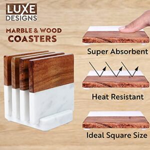 Acacia Wood & White Marble Coasters with Holder (4 Piece) – Square Absorbent Coasters For Drinks: Tea, Coffee, Wine & More – Fancy Half Marble Half Wood Coasters Set for Home & Kitchen Decor (4” x 4”)