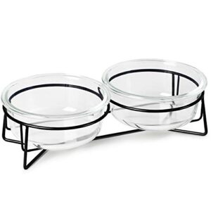 double glass raised cat or small dog bowls with metal stand for pet food and water dishes , 20 ounces