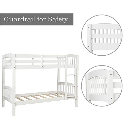 CJLMN Twin Over Twin Bunk Beds, Convertible Into Two Individual Solid Wood Beds, Children Twin Sleeping Bedroom Furniture Ladder and Safety Rail for Kids Boys & Girl, Easy Assembly (White)