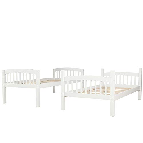 CJLMN Twin Over Twin Bunk Beds, Convertible Into Two Individual Solid Wood Beds, Children Twin Sleeping Bedroom Furniture Ladder and Safety Rail for Kids Boys & Girl, Easy Assembly (White)