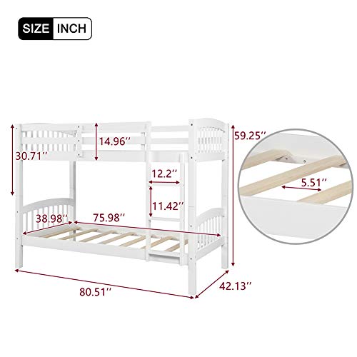 CJLMN Twin Over Twin Bunk Beds, Convertible Into Two Individual Solid Wood Beds, Children Twin Sleeping Bedroom Furniture Ladder and Safety Rail for Kids Boys & Girl, Easy Assembly (White)