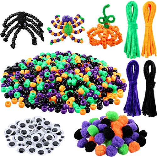 Halloween Pony Beads Plastic Beads Craft Beads Pipe Cleaners Chenille Stems Pompoms and Wiggle Eyes for Halloween Craft and Art DIY Decoration