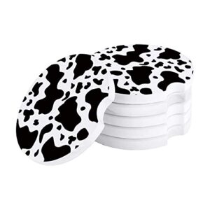 Small Car Coasters 2 Pack 2.56", Absorbent Stone Coasters Ceramic Car Cup Coaster Drink Cup Holder Coasters Cow Print Animal Themed Black and White