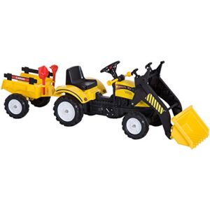 aosom kids ride-on excavator, pedal car bulldozer move forward/back with real working dirt bucket, 6 wheels, & cargo trailer