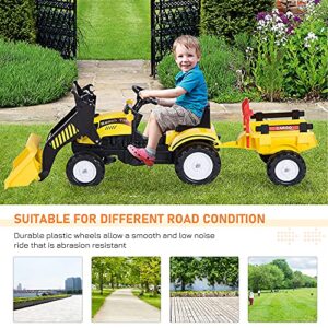 Aosom Kids Ride-On Excavator, Pedal car Bulldozer Move Forward/Back with Real Working Dirt Bucket, 6 Wheels, & Cargo Trailer