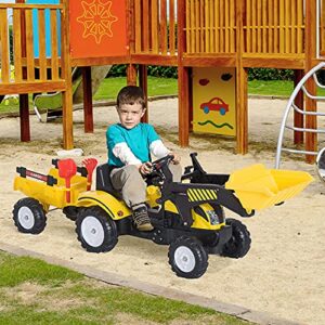Aosom Kids Ride-On Excavator, Pedal car Bulldozer Move Forward/Back with Real Working Dirt Bucket, 6 Wheels, & Cargo Trailer