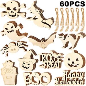 60 pieces halloween wooden slices blank hanging tags hanging wood ornaments halloween fall pumpkin cutouts crafts with 60 pieces twine ropes for halloween ornaments supplies