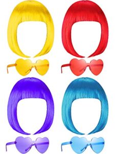 8 pieces party wigs and sunglass set, neon short bob hair wigs colorful cosplay costume wig heart shaped sunglasses rimless transparent candy color eyewear for women girls neon party favors