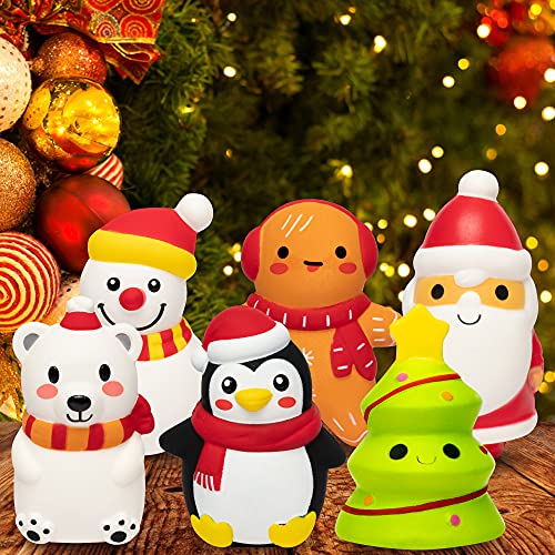 BeYumi 6 Packs Christmas Squeeze Slow Rising Toys, Santa Claus, Christmas Tree, Gingerbread, Snowman, Penguin, White Bear, Soft Scented Squeeze Decompression Stress Relief Toys for Kids Party Favor