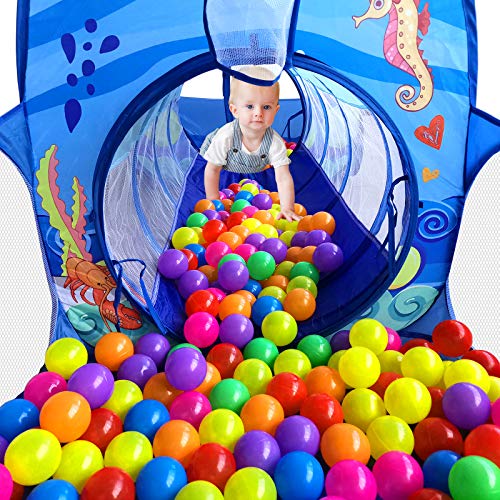 PigPigPen 3 in 1 Kids Play Tent with Play Tunnel, Ball Pit, Basketball Hoop for Boys & Girls, Toddler Pop Up Playhouse Toy for Baby Indoor/Outdoor, Gift for Year Old Child (3 in 1 Kids Play Tent)