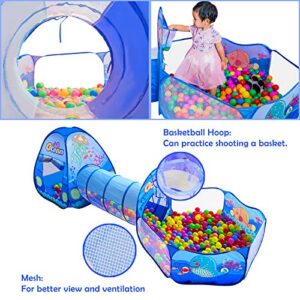 PigPigPen 3 in 1 Kids Play Tent with Play Tunnel, Ball Pit, Basketball Hoop for Boys & Girls, Toddler Pop Up Playhouse Toy for Baby Indoor/Outdoor, Gift for Year Old Child (3 in 1 Kids Play Tent)