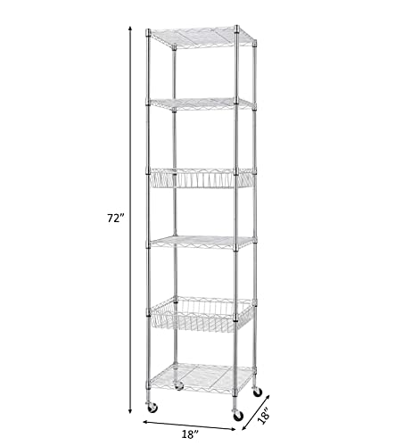 Finnhomy Heavy Duty 6 Tier Wire Shelving Unit with Wheels 18x18x72-inches 6 Shelves Storage Rack Thicken Steel Tube, Adjustable Shelving Rack for Kitchen Bathroom Office, NSF Certified, Chrome