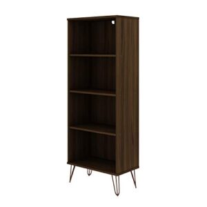 manhattan comfort rockefeller mid century modern 4 shelves home office bookcase with metal legs, 21.26", brown