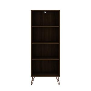 Manhattan Comfort Rockefeller Mid Century Modern 4 Shelves Home Office Bookcase with Metal Legs, 21.26", Brown