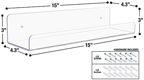 Sorbus Acrylic Wall Ledge Floating Shelf Rack Organizer, Invisible Display Style, for Books, Figurine, Picture Frame Storage, Wall Mounted Shelves for Home, Bathroom, Nail Salon, Spa (15 x 4.3 x 3'')