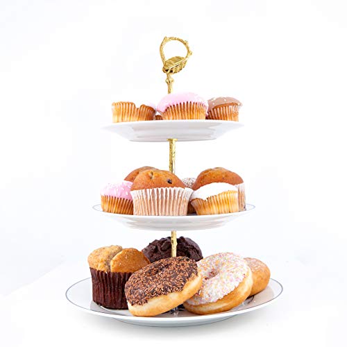 Happy Will 3 Tier 14" Heavy Metal Cake Stand Holder Fruit Plate Stand Fitting Hardware Rod with Stylus (Golden_Leaves)