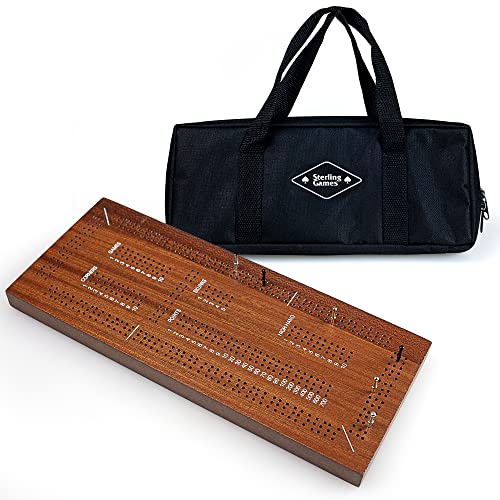 STERLING Games Triple Track Wooden Cribbage 13 Inch Board Game Set with Carrying Bag and Metal Pegs for 3 Players