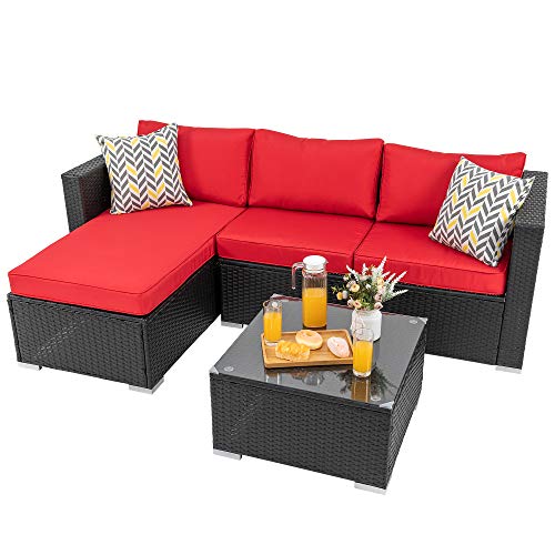 Walsunny 3 Piece Patio Furniture Set Outdoor Sectional Sofa with Upgrade Rattan Wicker Conversation Loveseat Couch(Black Rattan)(Red)