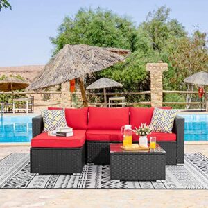 Walsunny 3 Piece Patio Furniture Set Outdoor Sectional Sofa with Upgrade Rattan Wicker Conversation Loveseat Couch(Black Rattan)(Red)