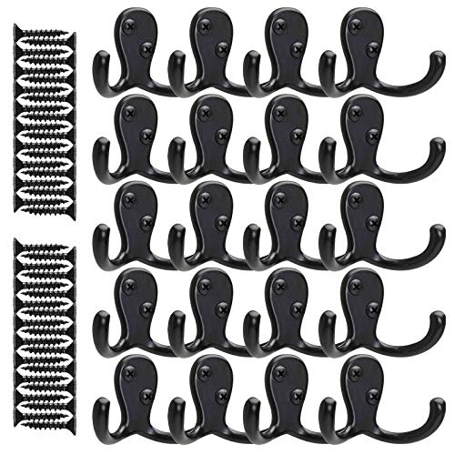 OHAHA 20 Pack Black Double Prone Hooks with 40 Screws. Easy to Install, Stronger & More Durable for Heavy Items, Hanging Scarf, Bag, Towel, Key, Cap, Cup, Hat