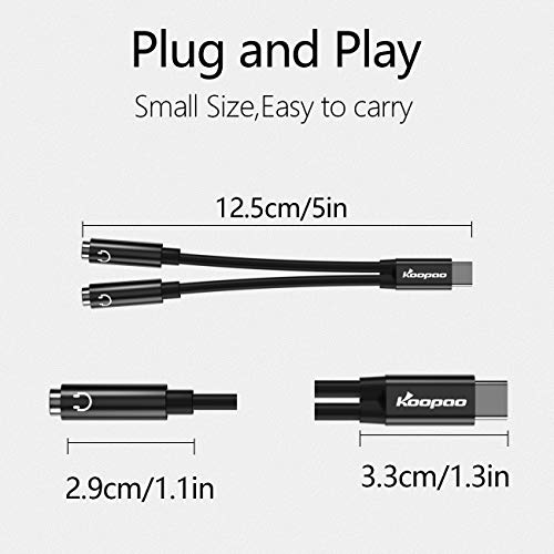 KOOPAO USB C to 3.5mm Aux Audio Headphone Splitter, Type C to Dual 3.5mm Aux Headphone Jack Adapter, Hi-Res 2 Way Audio Sharing Y Cable Cord for Samsung Galaxy S20, iPad, Oneplus 7 pro, 32bit/384khz