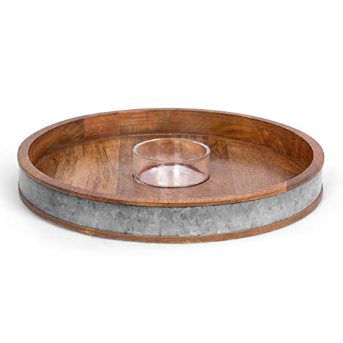 BIRDROCK HOME Wooden and Iron Chip and Dip Serving Tray- Glass Dip Bowl - Salsa Appetizer Serveware - Veggie, Shrimp, Guacamole, Cheese, Chips, or Pita Tray - Party Platter - Extra Large