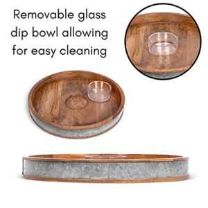 BIRDROCK HOME Wooden and Iron Chip and Dip Serving Tray- Glass Dip Bowl - Salsa Appetizer Serveware - Veggie, Shrimp, Guacamole, Cheese, Chips, or Pita Tray - Party Platter - Extra Large