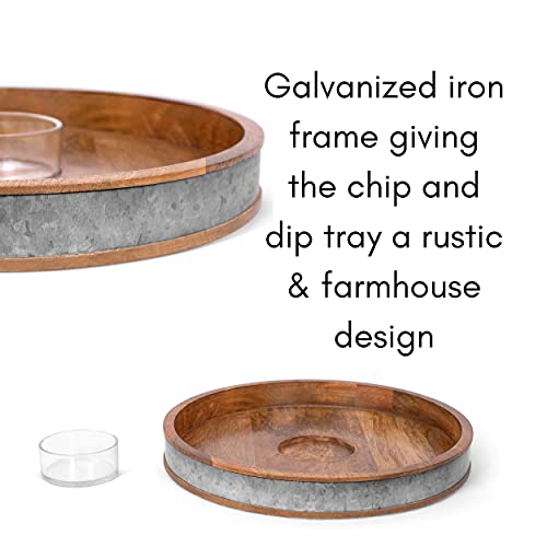 BIRDROCK HOME Wooden and Iron Chip and Dip Serving Tray- Glass Dip Bowl - Salsa Appetizer Serveware - Veggie, Shrimp, Guacamole, Cheese, Chips, or Pita Tray - Party Platter - Extra Large