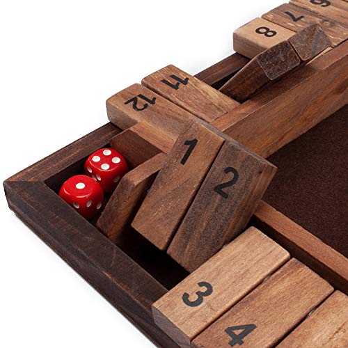 GSE 4-Player Wooden Shut The Box Dice Board Game with 8 Dices. 4-Way Shut The Box Set Classic Tabletop Version of Popular English Pub Board Game (12 Numbered)