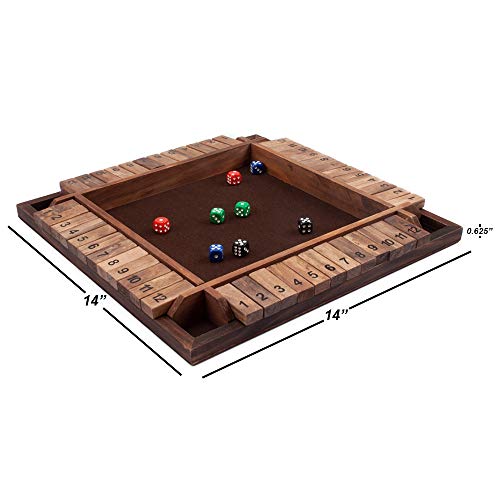 GSE 4-Player Wooden Shut The Box Dice Board Game with 8 Dices. 4-Way Shut The Box Set Classic Tabletop Version of Popular English Pub Board Game (12 Numbered)