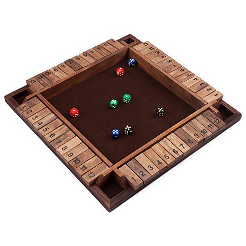 GSE 4-Player Wooden Shut The Box Dice Board Game with 8 Dices. 4-Way Shut The Box Set Classic Tabletop Version of Popular English Pub Board Game (12 Numbered)