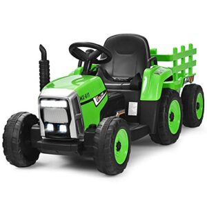 costzon ride on tractor w/trailer, 12v battery powered electric vehicle toy w/remote control, 3-gear-shift ground loader, treaded tires, usb, led lights, audio, safety belt, kids ride on car (green)