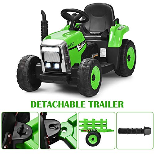 Costzon Ride on Tractor w/Trailer, 12V Battery Powered Electric Vehicle Toy w/Remote Control, 3-Gear-Shift Ground Loader, Treaded Tires, USB, LED Lights, Audio, Safety Belt, Kids Ride on Car (Green)
