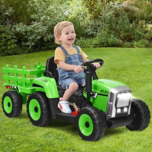 Costzon Ride on Tractor w/Trailer, 12V Battery Powered Electric Vehicle Toy w/Remote Control, 3-Gear-Shift Ground Loader, Treaded Tires, USB, LED Lights, Audio, Safety Belt, Kids Ride on Car (Green)
