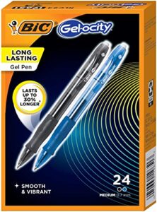 bic super smooth gel-ocity gel pens, bulk pack of 24 ink pens, 12 black and 12 blue retractable gel pens, medium point 0.7 mm, 24-count