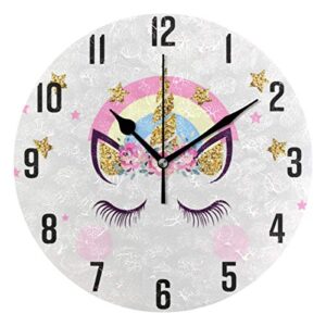 fuluhuapin pink unicorn bathroom kitchen wall clock for girl boy non ticking quiet easy to read for bedroom decor 9.5 inch round clock 2031712