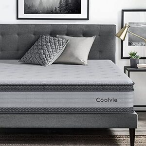 full size mattress, coolvie 10 inch hybrid mattress with individually pocket coils and dual layer cool comfy memory foam, hybrid innerspring mattress in a box, cushioning euro top design, medium firm
