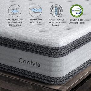 Full Size Mattress, Coolvie 10 Inch Hybrid Mattress with Individually Pocket Coils and Dual Layer Cool Comfy Memory Foam, Hybrid Innerspring Mattress in a Box, Cushioning Euro Top Design, Medium Firm