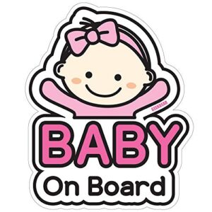geekbear baby on board sticker for cars (02. basic girl) – cartoon style design as a car accessory - reflective, weather-resistant and eye-catching - gift for new parents