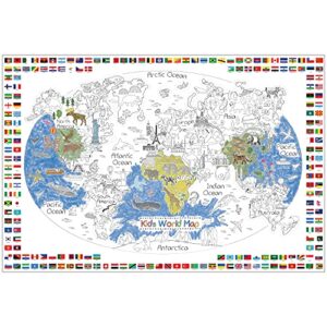 dekali designs kids world map coloring poster - 35 x 52 inches jumbo coloring poster with world flags for classroom, home, birthday parties or other events
