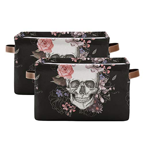 WELLDAY 2PCS Storage Basket Black Rose Skull Large Foldable Storage Bin Cube Collapsible Organizer