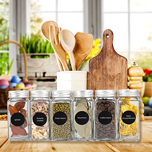 HATOKU Glass Spice Jars 48pcs Empty Square Spice Bottles, 4oz Seasoning Containers with 400 Labels, Spice Containers with Shaker Lids and Silicone Collapsible Funnel, Brush