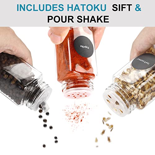 HATOKU Glass Spice Jars 48pcs Empty Square Spice Bottles, 4oz Seasoning Containers with 400 Labels, Spice Containers with Shaker Lids and Silicone Collapsible Funnel, Brush