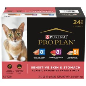 purina pro plan sensitive skin and stomach wet cat food variety pack, sensitive skin and stomach entrees - (24) 3 oz. cans