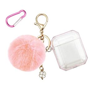 molova case for airpods 1 case, protective soft tpu clear cover with keychains silicone skin cover with cute four leaf clover fluffy fur ball for kids teens boys girls (clear pink)