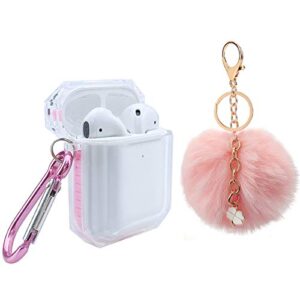 MOLOVA Case for Airpods 1 Case, Protective Soft TPU Clear Cover with Keychains Silicone Skin Cover with Cute Four Leaf Clover Fluffy Fur Ball for Kids Teens Boys Girls (Clear Pink)