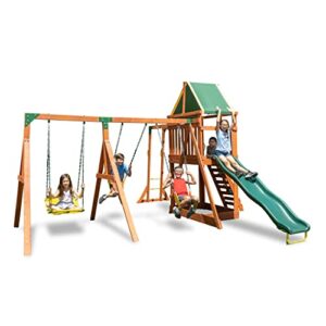sportspower amazon exclusive olympia wood swing set with 3 swings, slide, and monkey bars, natural/green