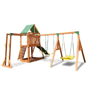 Sportspower Amazon Exclusive Olympia Wood Swing Set with 3 Swings, Slide, and Monkey Bars, Natural/Green