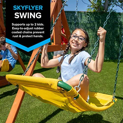 Sportspower Amazon Exclusive Olympia Wood Swing Set with 3 Swings, Slide, and Monkey Bars, Natural/Green