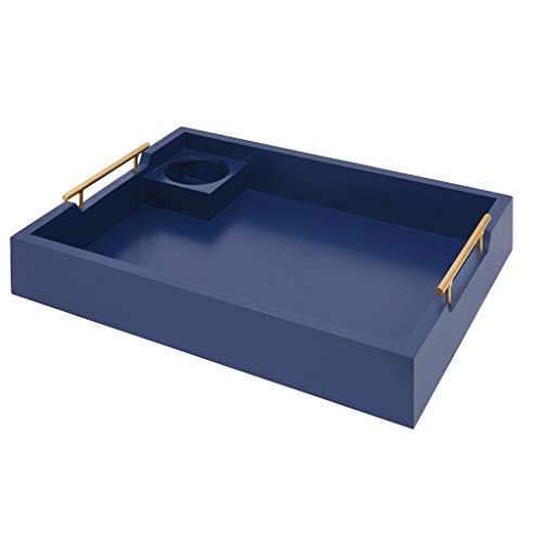 Deluxe Ottoman Tray- Wooden Serving Tray with Handles and Incorporated Cup Holder- Mid Century Modern Décor- Dark Navy Blue Tray 18"x14"x.3